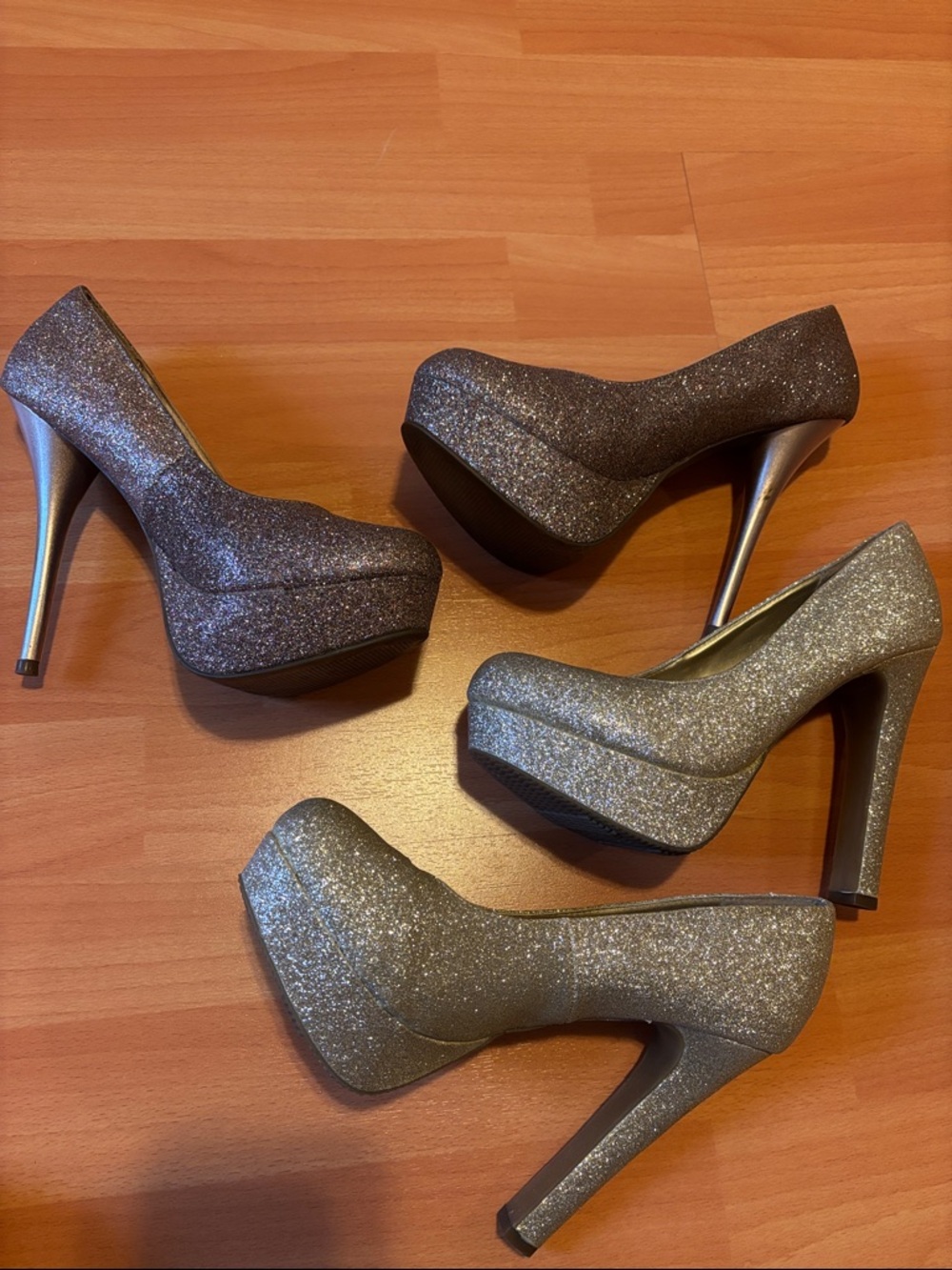 Two pairs of size 7 glittery, sexy high heel shoes, Eva & Zoe and Mossimo